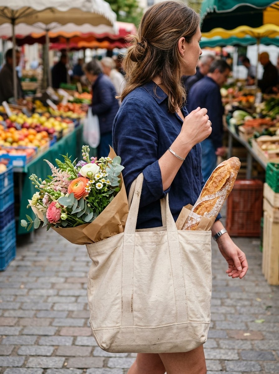 A woman carrying a canvas tote bag filled with a baguette and a wrapped bouquet of fresh spring flowers.