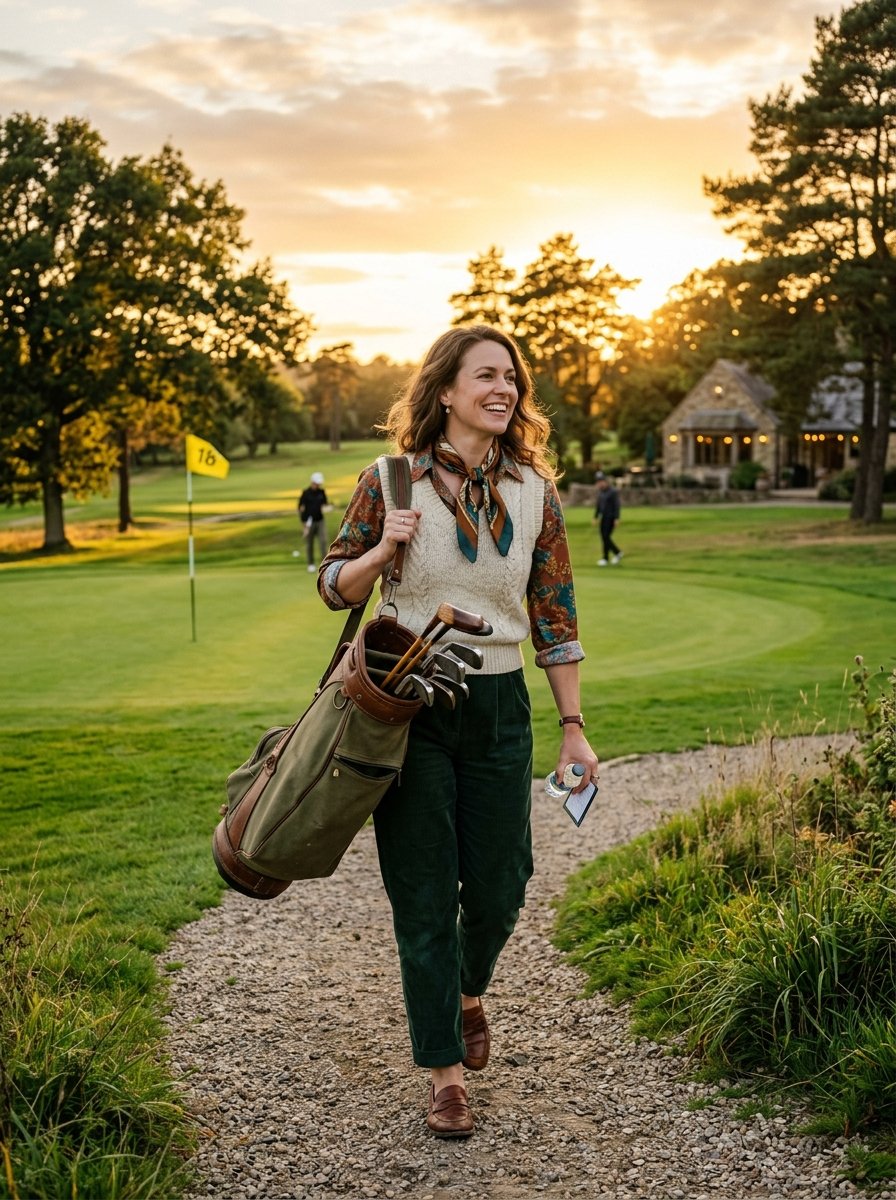 A woman wearing a sweater vest and carrying a classic canvas golf bag on a gravel path at a golf course.
