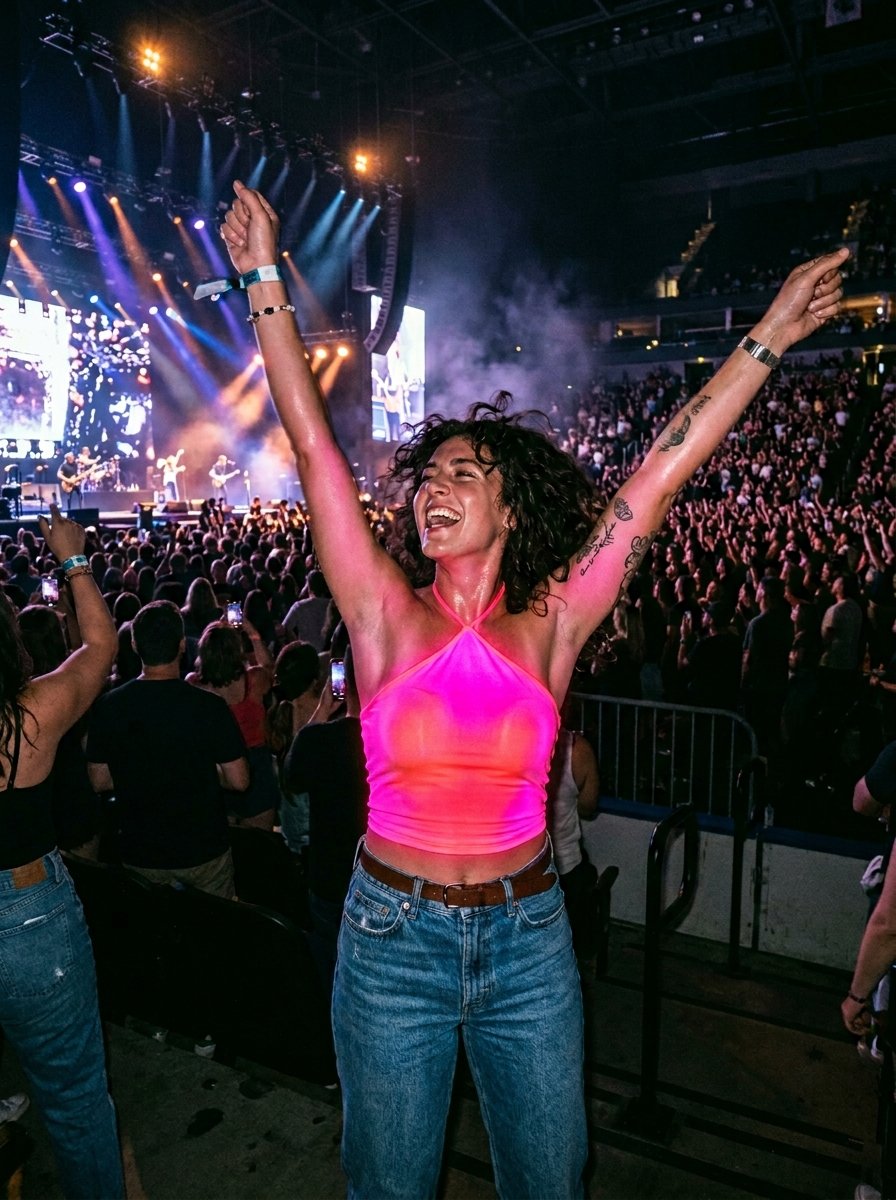 A curly-haired woman with tattoos celebrates with her arms raised during a live music performance at an arena.