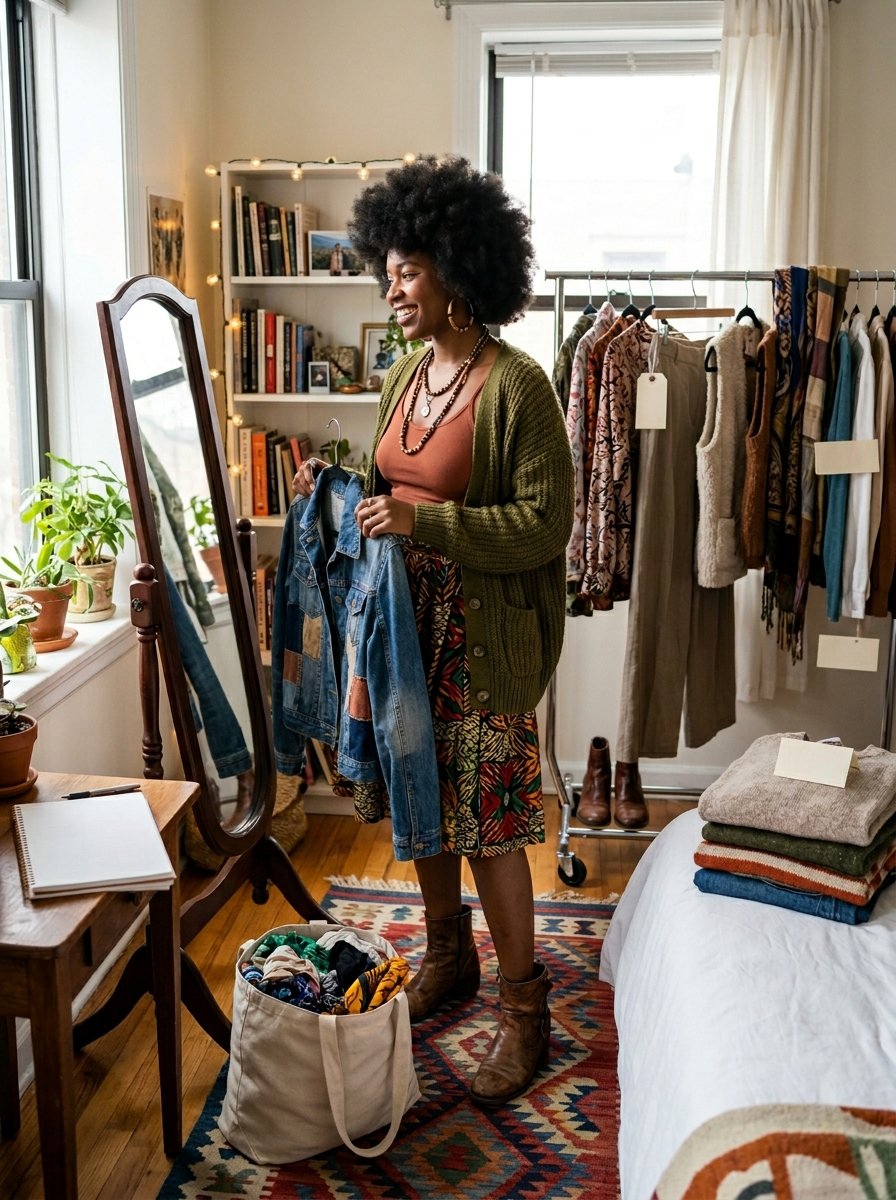 A woman with an afro holding a denim jacket while shopping her own closet of organized clothing and accessories.
