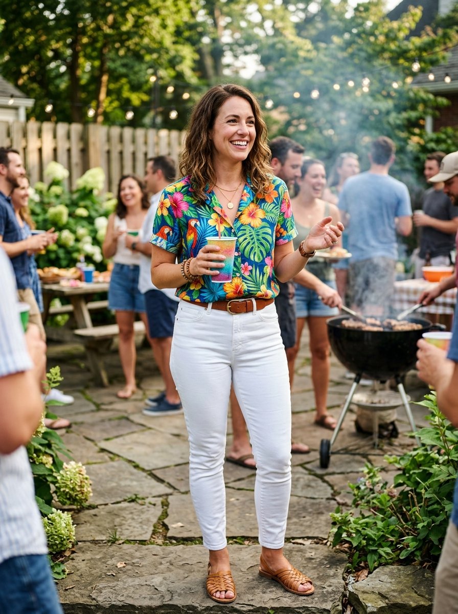 A woman wearing a vibrant floral shirt and white jeans holding a colorful cup at a garden party with friends.