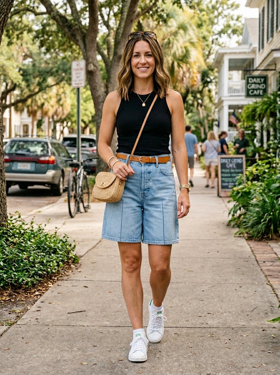Smiling woman with shoulder-length hair wearing a black tank top and light blue denim bermuda shorts on a town street.