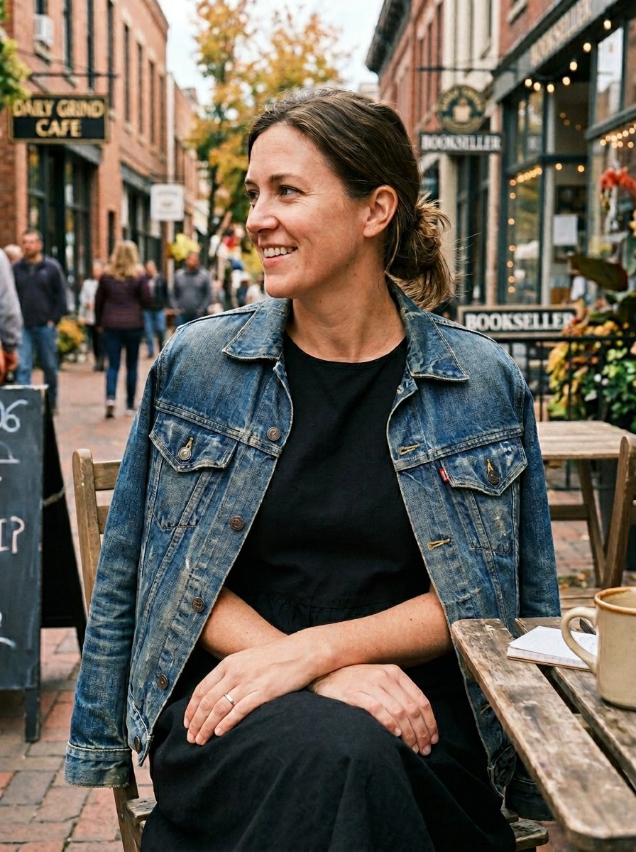 A woman with her hair pulled back wears a blue jean jacket and black dress while sitting at a sidewalk table.