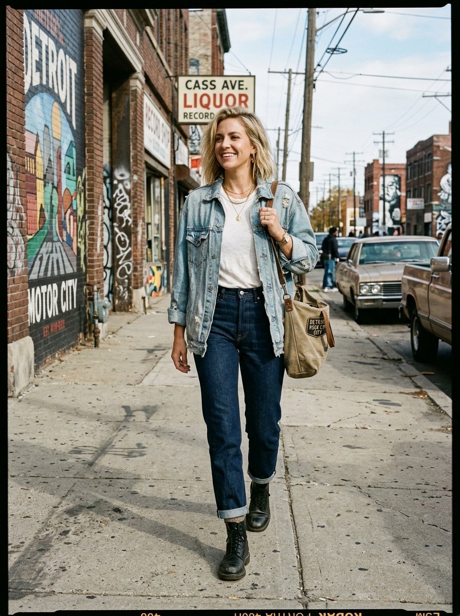 A smiling woman in a denim jacket and jeans walks down a sidewalk in front of a colorful Detroit city mural.