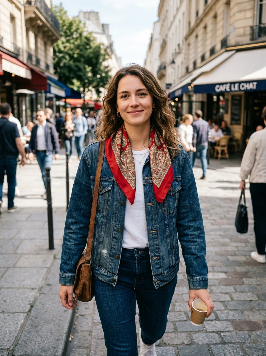 Portrait of a young woman in a denim jacket and red neck scarf walking down a busy Parisian cafe street.
