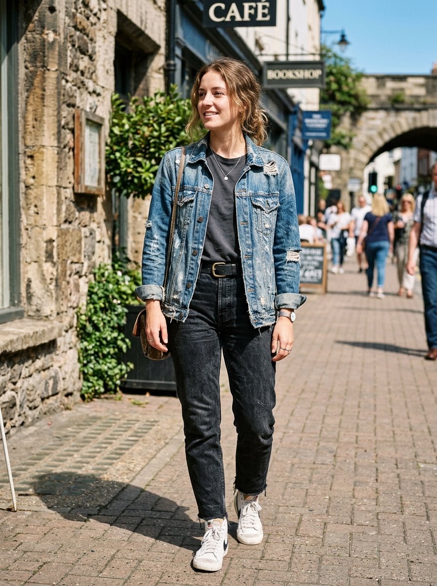 Young woman in a distressed denim jacket and black jeans walking outdoors near a café.