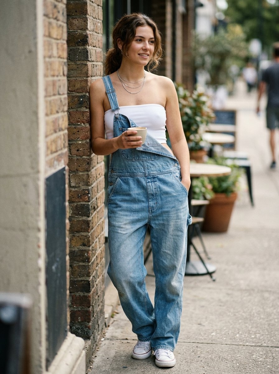 Smiling woman leaning against a brick wall wearing denim overalls and a white tube top while holding a latte.