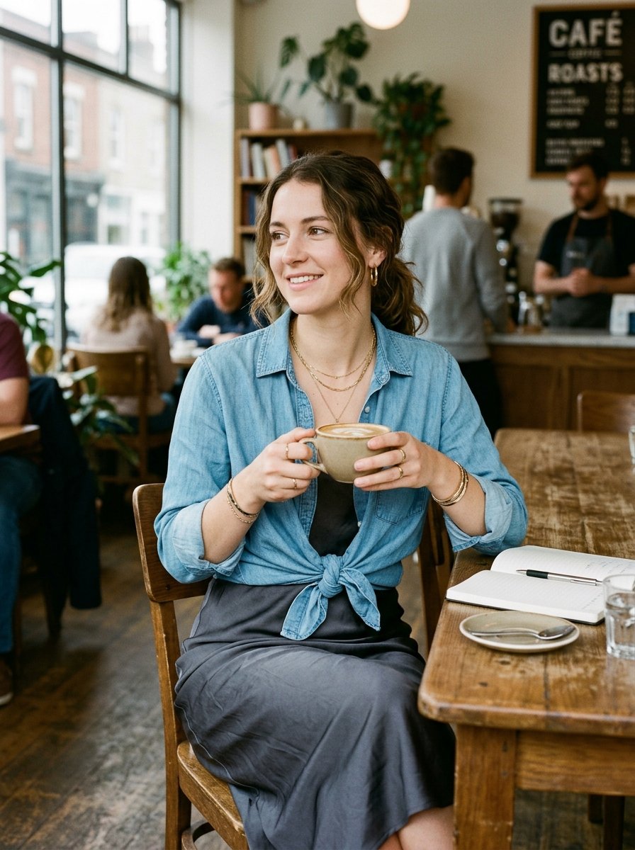 Young woman in a denim shirt holds a coffee mug while sitting at a rustic wooden table in a busy cafe.