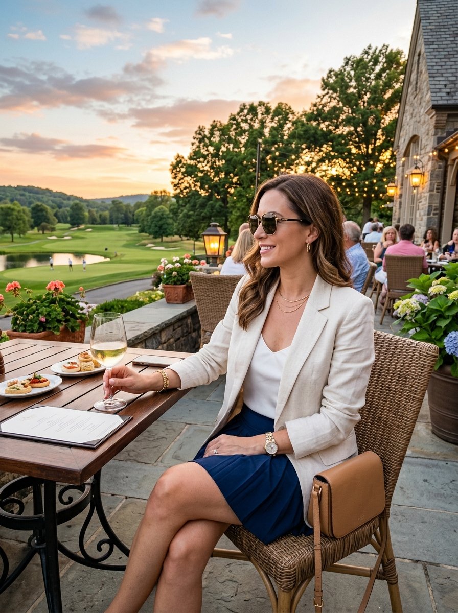 A woman in a blazer and skirt holding a wine glass at a table overlooking a lush green golf course at dusk.