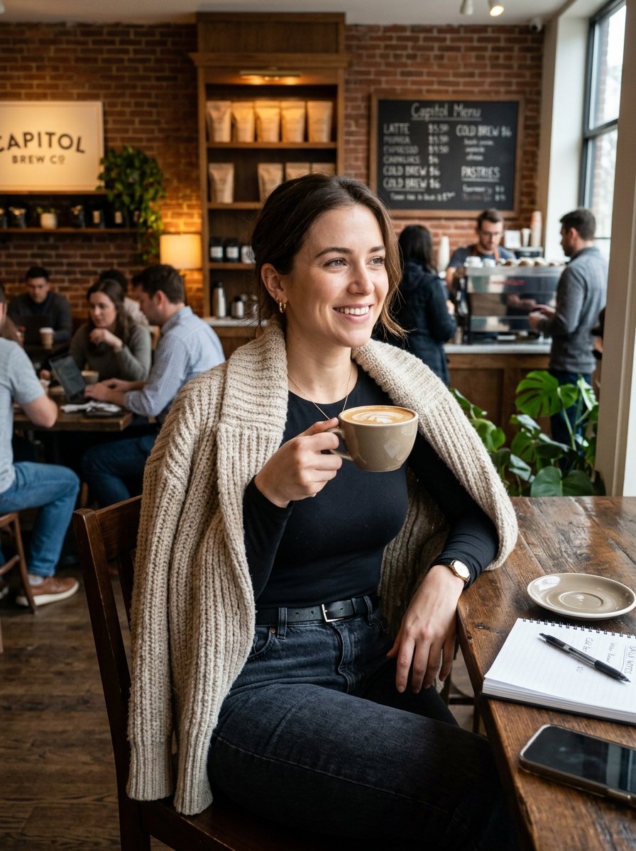 A woman in a beige cardigan holds a coffee cup while sitting at a wooden table in a busy cafe.
