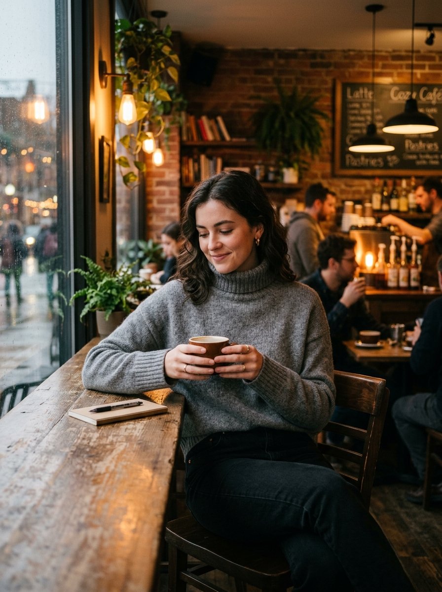 Young woman in a grey sweater holding a brown mug while sitting at a rustic wooden counter inside a busy coffee shop.