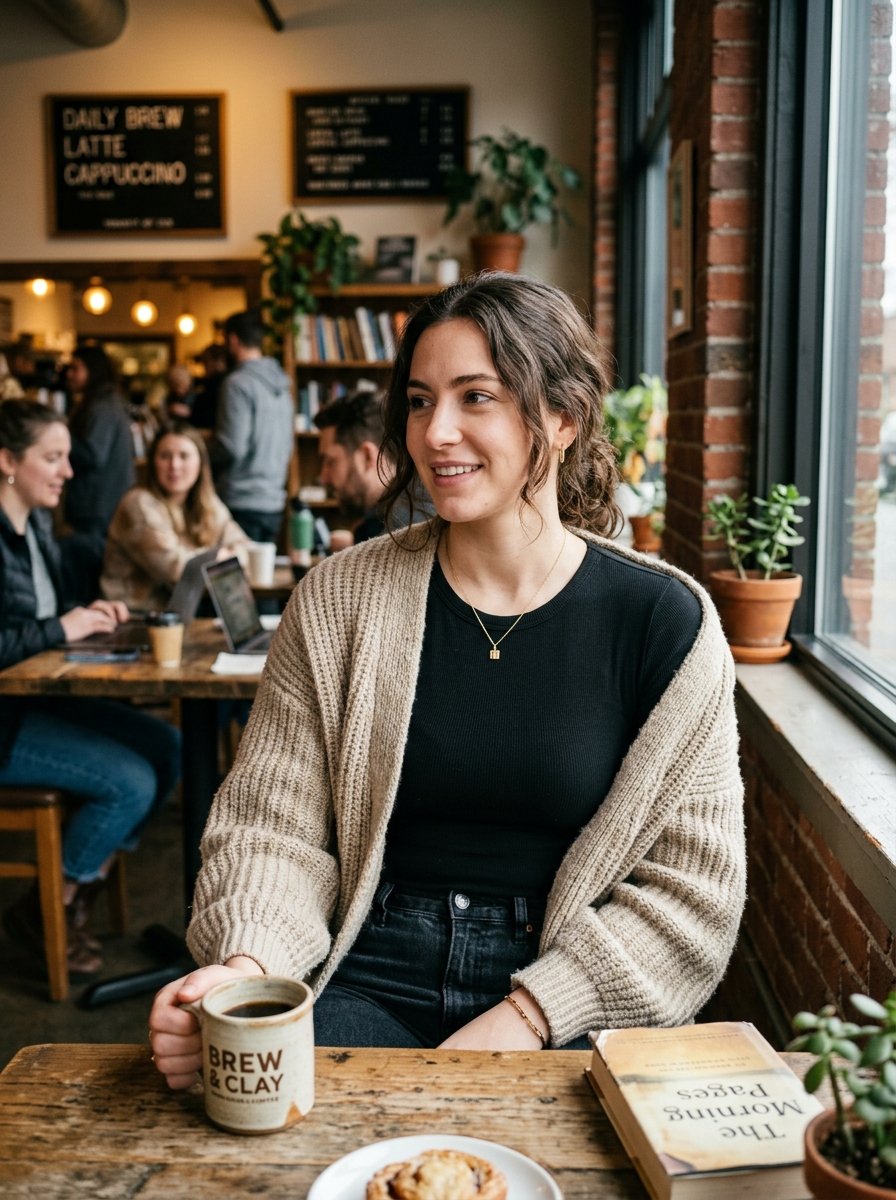 Young woman in a beige cardigan holding a Brew & Clay mug at a wooden table in a cafe with a book nearby.