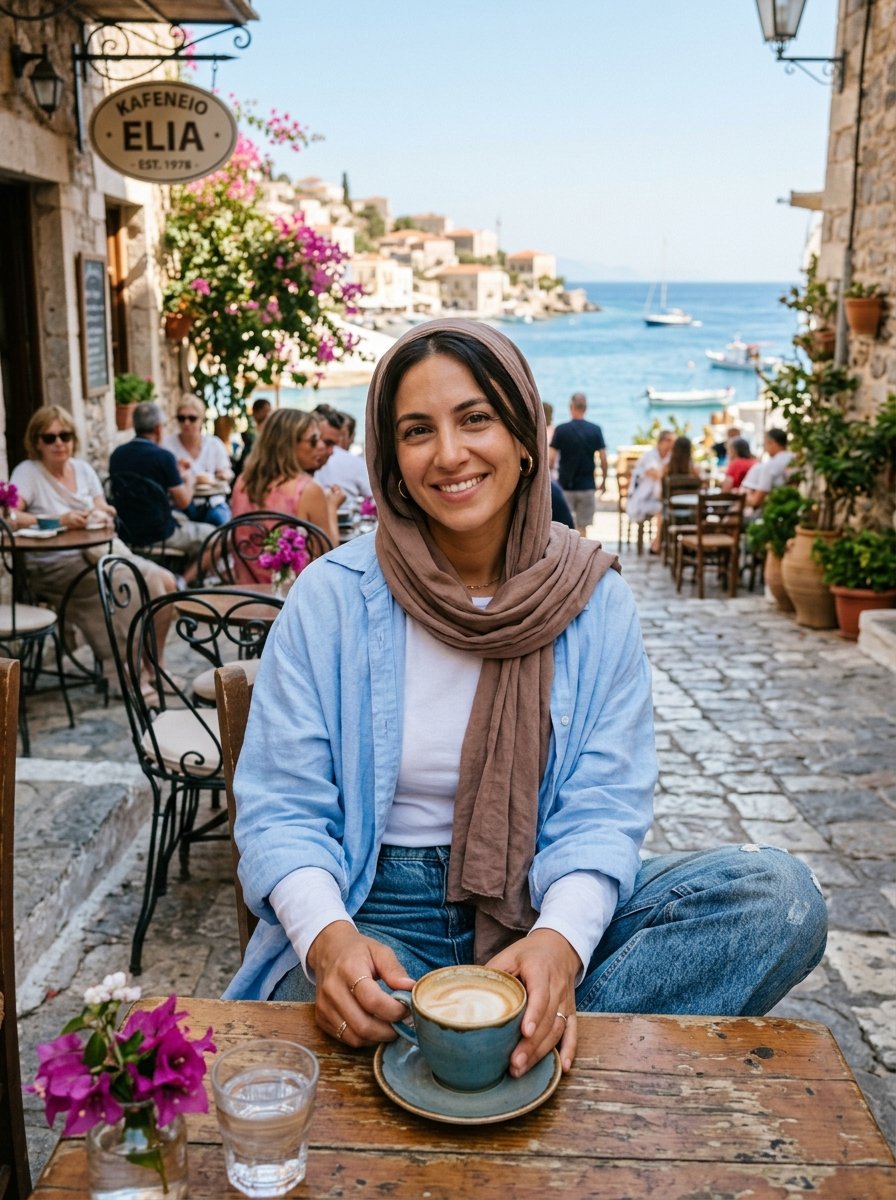 A woman in a headscarf smiles holding a coffee cup at a cobblestone waterfront cafe in a scenic Mediterranean village.