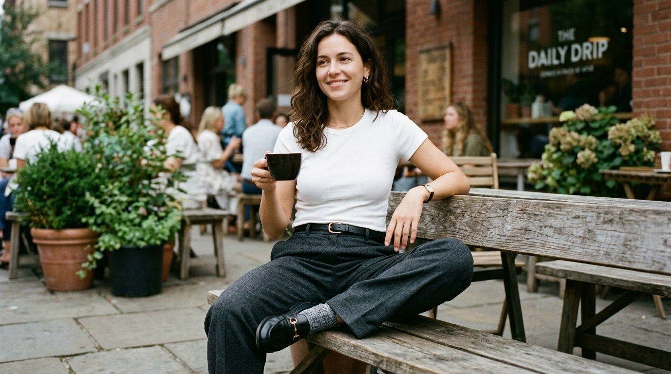 A smiling woman in a white shirt sits on a wooden bench holding a dark cup outside The Daily Drip cafe.
