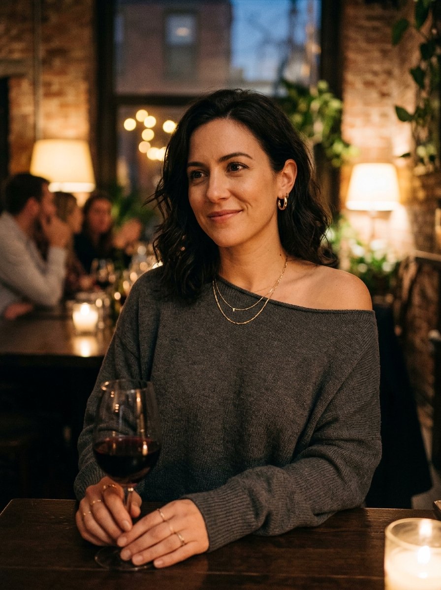 A brunette woman in a grey off-the-shoulder sweater holding a glass of red wine in a cozy, candlelit dining area.