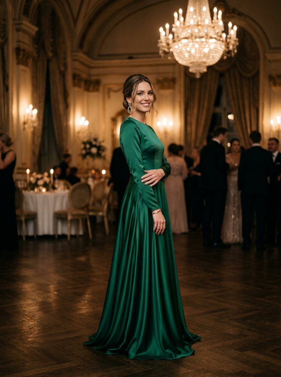 Smiling woman in a floor-length emerald satin gown posing in a luxurious candlelit ballroom.