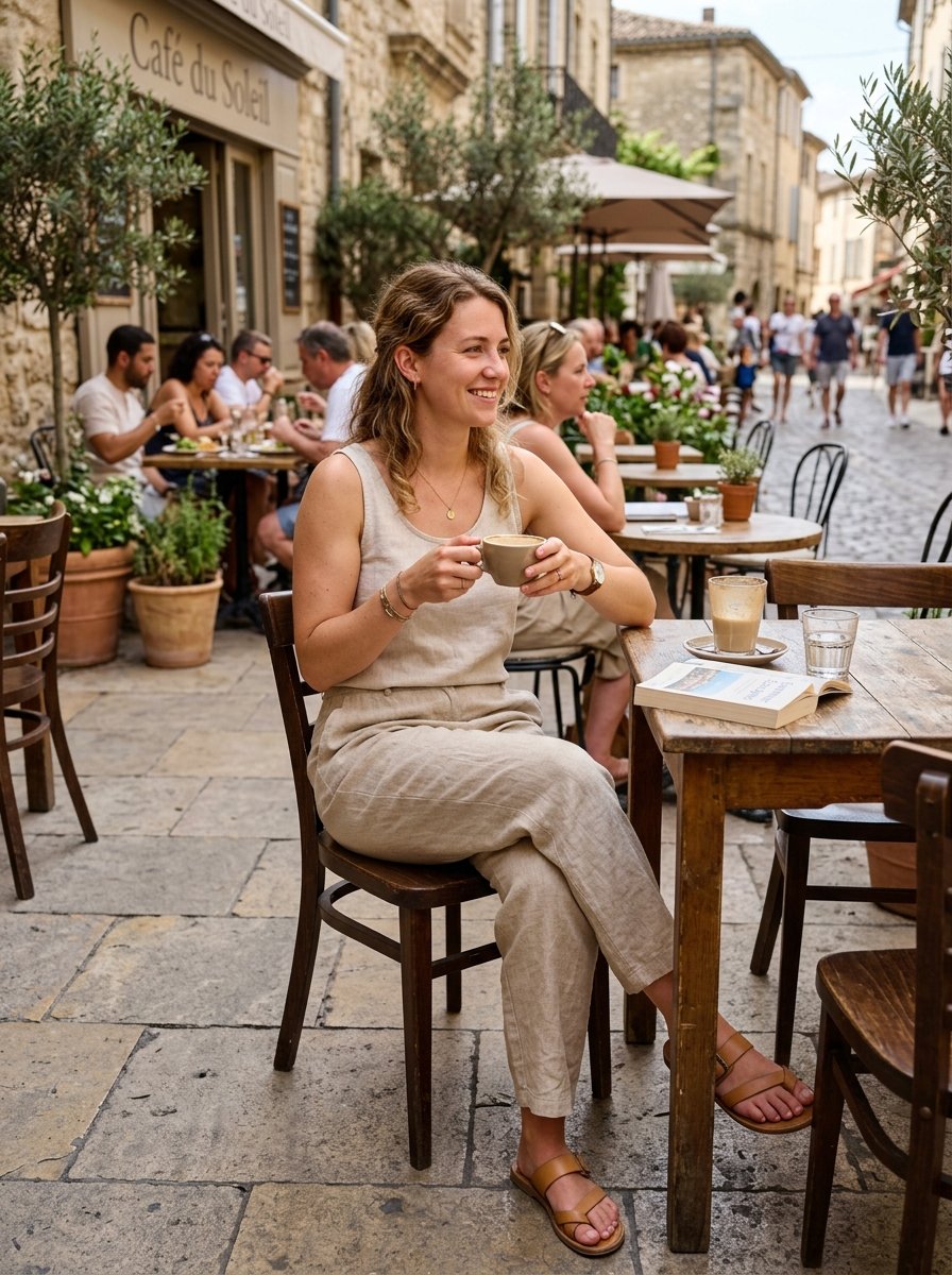 A woman in a beige outfit sitting at a wooden cafe table with a latte and a book on a cobblestone street.