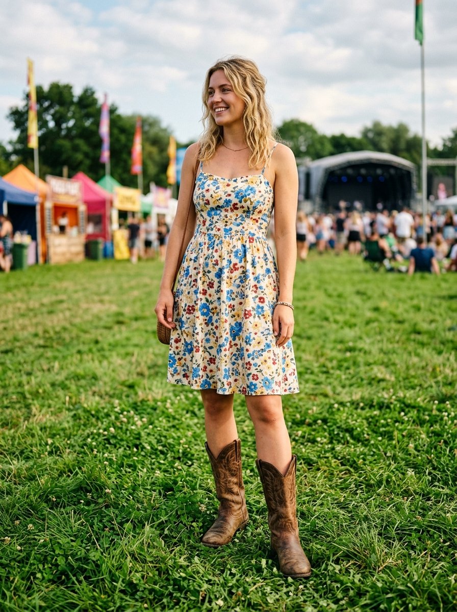 Young blonde woman in a flower print dress and brown leather cowboy boots standing in a grassy field.