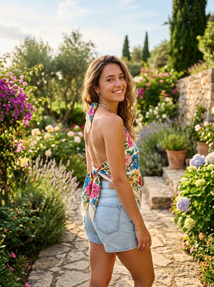 Smiling woman in a backless floral print scarf top and denim shorts standing on a cobblestone garden path.