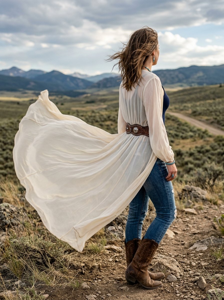 A woman in a flowing cream duster, jeans, and cowboy boots stands on a rocky path overlooking western mountains.