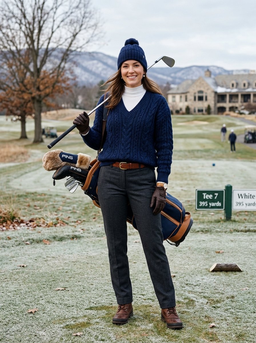 A woman in a navy sweater and beanie holding a golf club and bag on a cold, frost-covered golf course.