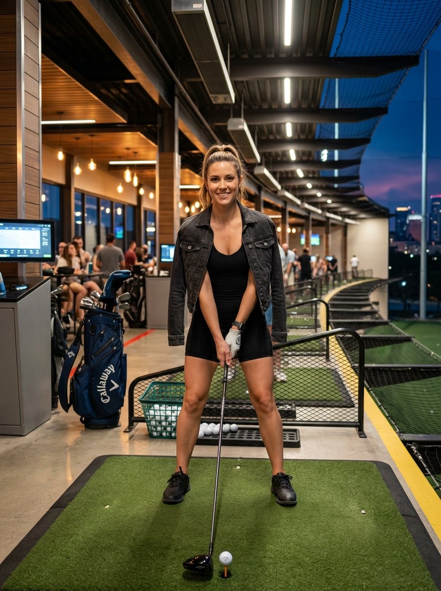 A blonde woman in a black outfit and denim jacket stands on a green turf mat holding a driver at a golf driving range.