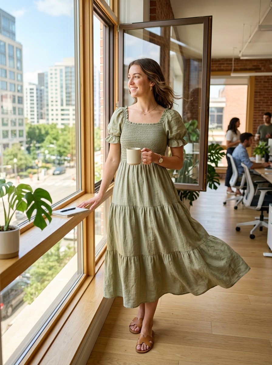 A woman stands by a sunny office window wearing a long green smocked dress and tan sandals while holding a coffee cup.