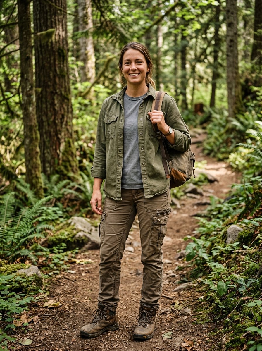 A smiling woman in an olive jacket and cargo pants with a backpack posing on a lush Pacific Northwest forest path.