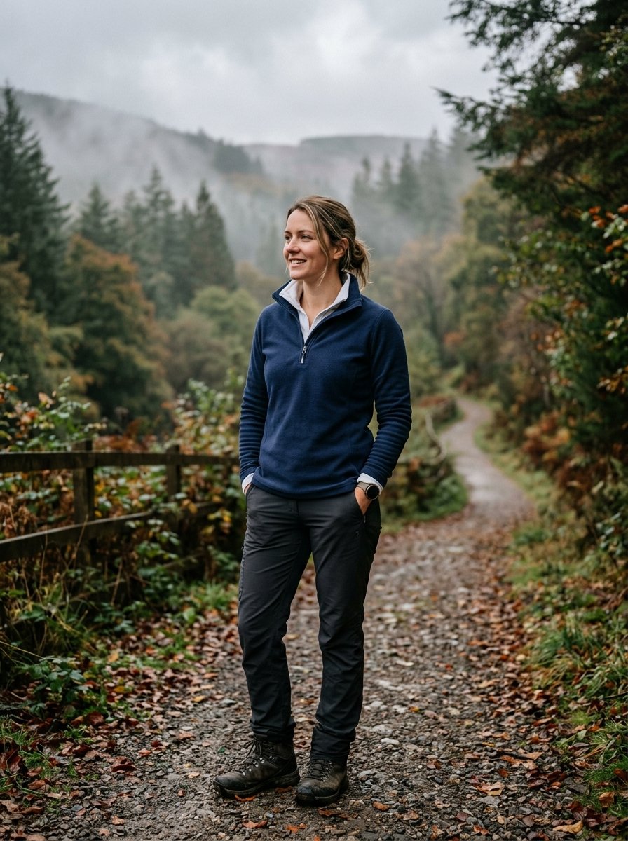 A woman in a dark blue fleece jacket and hiking gear poses on a leafy woodland trail in fog.
