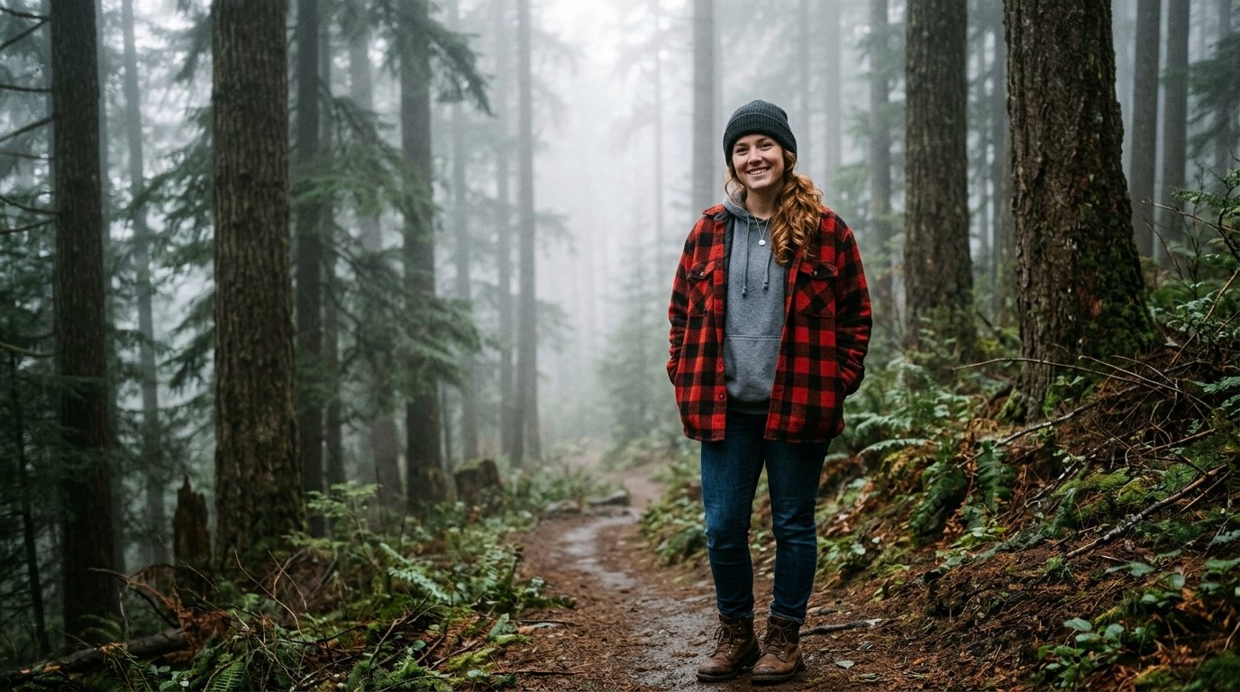 A young woman in a red plaid jacket and beanie poses on a dirt trail surrounded by tall, misty coniferous trees.