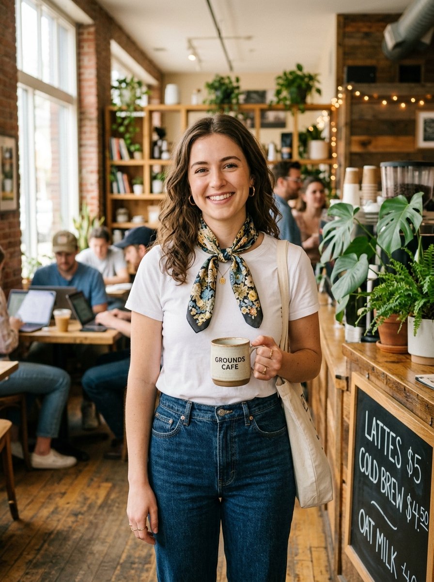 A young woman wearing a white t-shirt and patterned scarf stands in a coffee shop holding a Grounds Cafe mug.