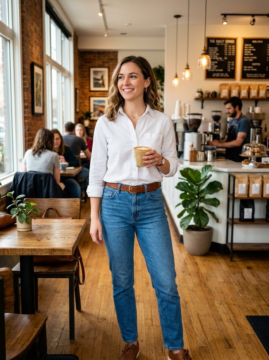 A blonde woman in a white button-down shirt and jeans stands holding a coffee cup in a brick-walled cafe.