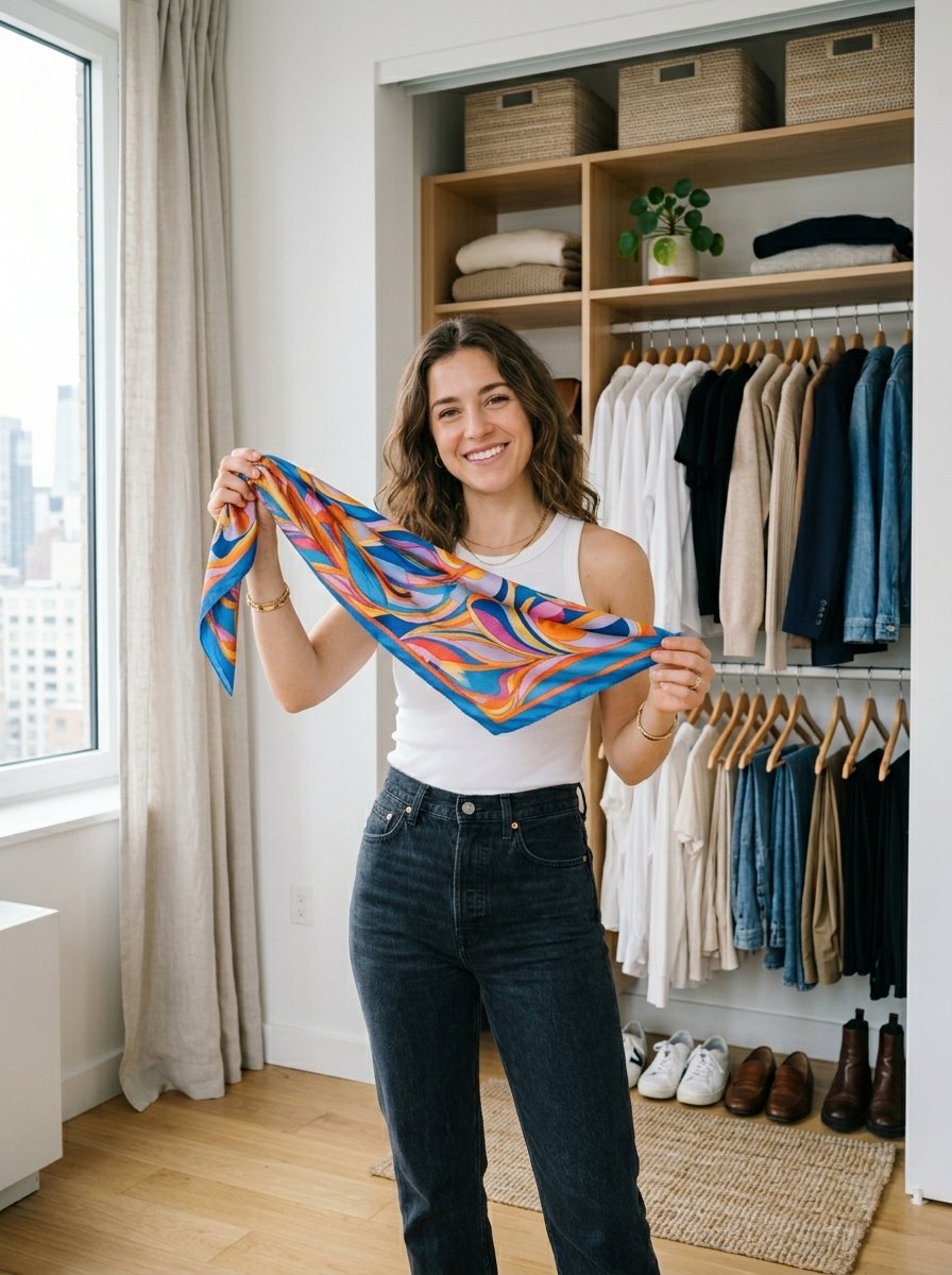 Young woman in a white tank top showing a vibrant abstract swirl print square scarf in her organized walk-in wardrobe.