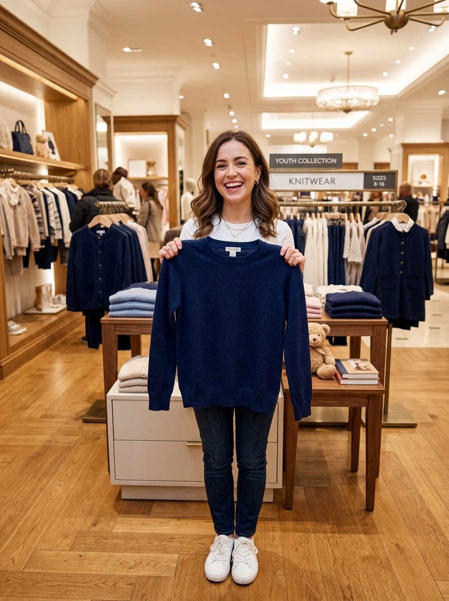 A happy woman holds up a dark blue sweater in a brightly lit clothing boutique.