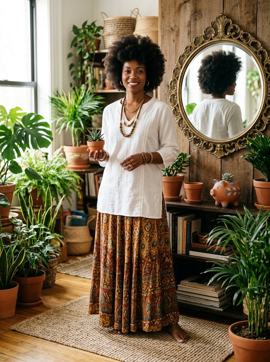 A woman in a white tunic and patterned skirt stands among many houseplants, holding a small terracotta succulent pot.
