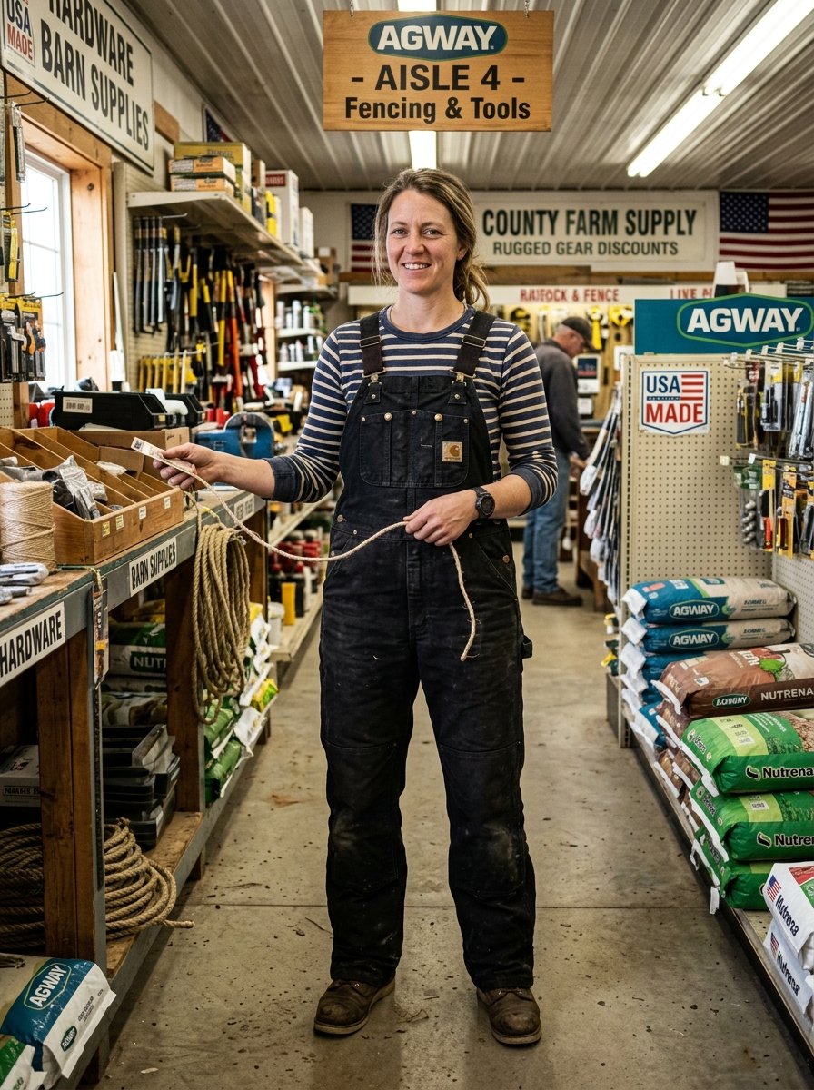 A woman in striped shirt and overalls stands in an Agway aisle holding a length of rope.
