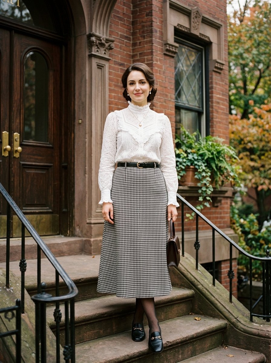 A woman in a white lace blouse and houndstooth skirt poses on the stone steps of a brick building.