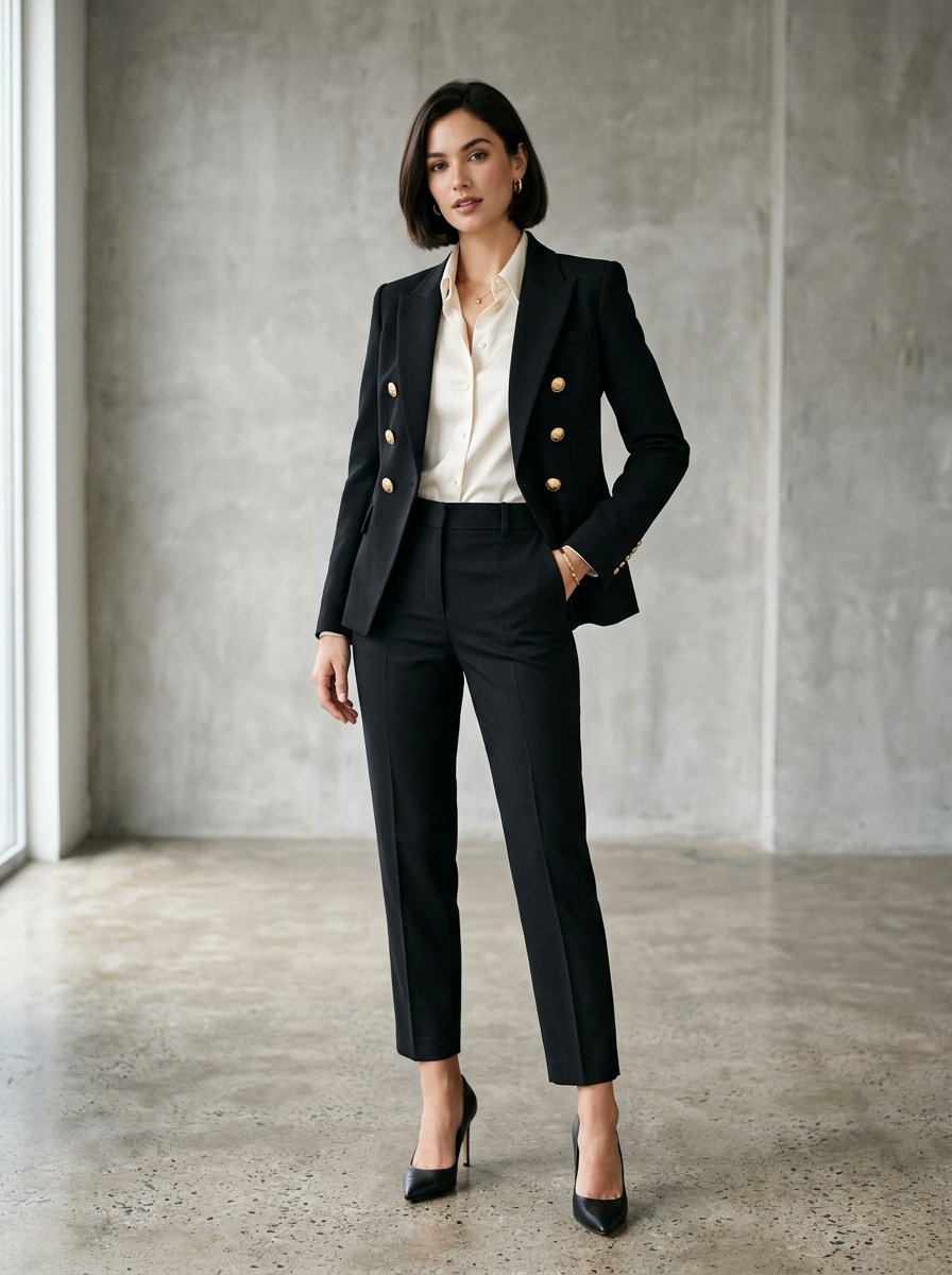 A brunette woman posing in a professional black pantsuit with gold buttons and a cream button-down shirt.