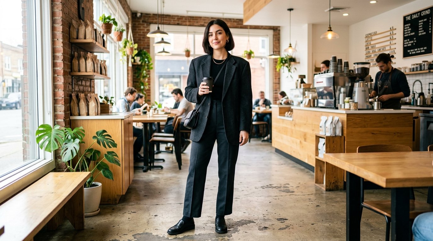 A young woman wearing a dark blazer stands in a sunlit coffee shop holding a paper coffee cup.