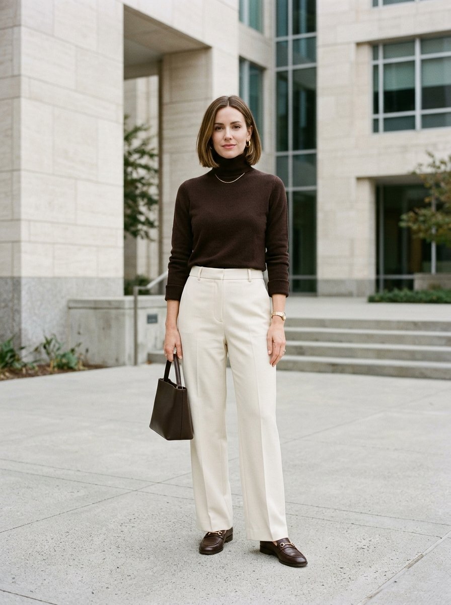 Woman with a bob haircut posing in a brown sweater, off-white dress pants, loafers, and a matching handbag.