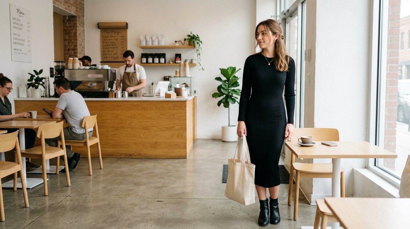 A stylish woman in a black ribbed dress stands holding a canvas tote bag in a bright, minimalist cafe.