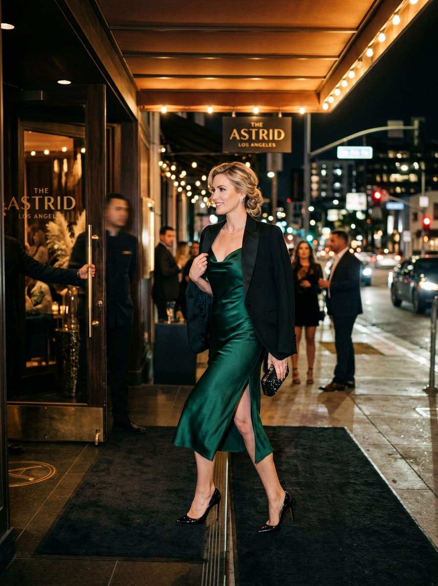 A blonde woman wearing a dark blazer over a green satin midi dress walking on a city sidewalk at night.