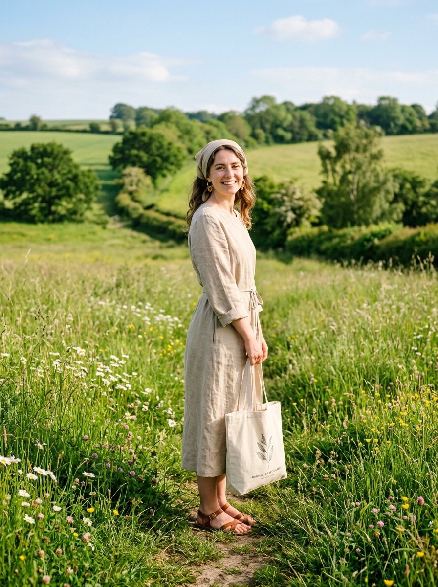 Smiling woman in a headscarf and tan midi dress holding a botanical print tote bag in a rolling green landscape.