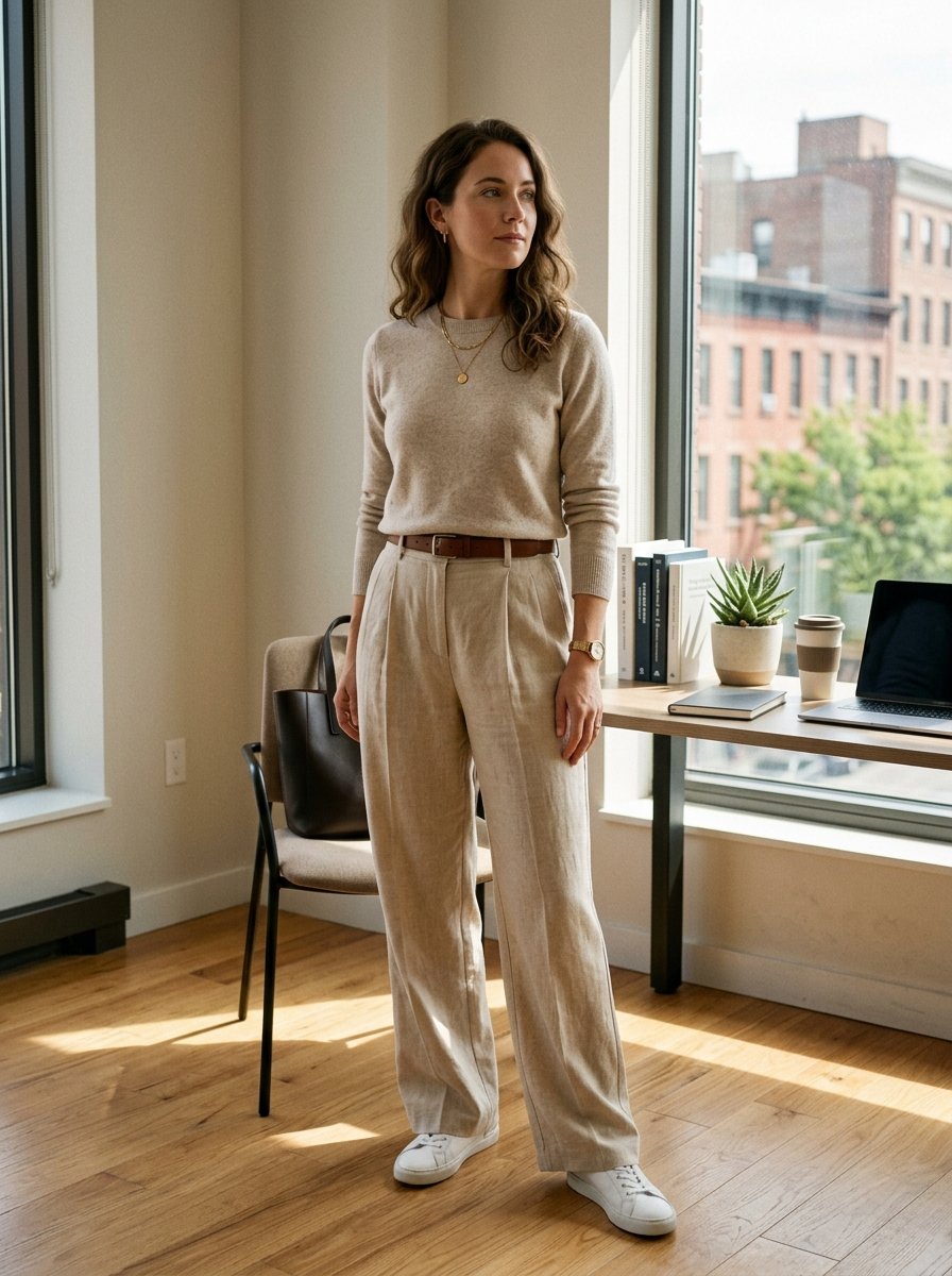 Woman wearing a tan sweater and pleated linen pants standing in a sunlit modern home office.