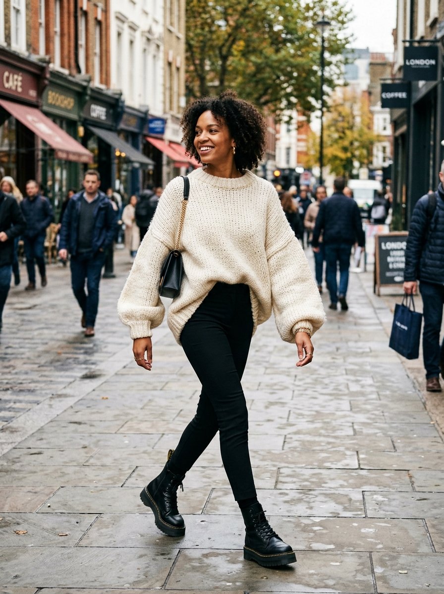 Smiling woman with curly hair wearing a chunky cream knit sweater and black pants walking on a pedestrian street.