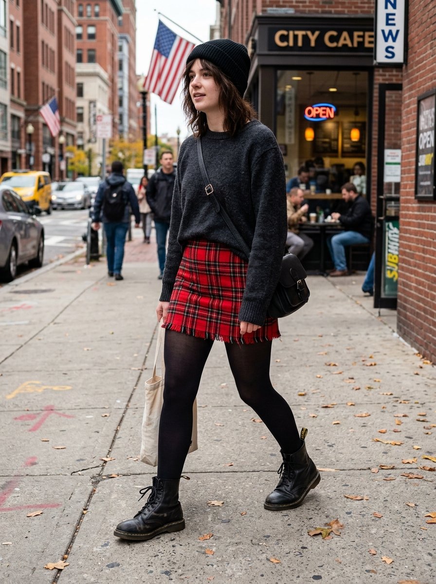 Young person wearing a charcoal sweater, black beanie, and red tartan skirt walking past a city cafe.