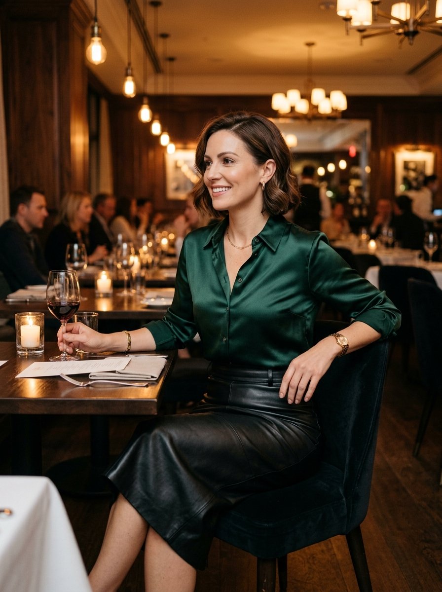 A woman wearing a dark green silk button-down and black leather skirt holding wine in a dimly lit restaurant.