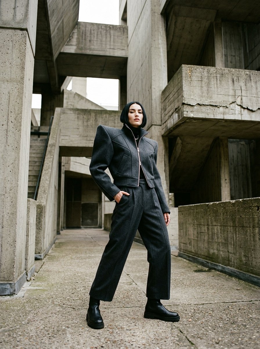 A woman with a dark bob haircut wears a grey wool set against a brutalist concrete building background.