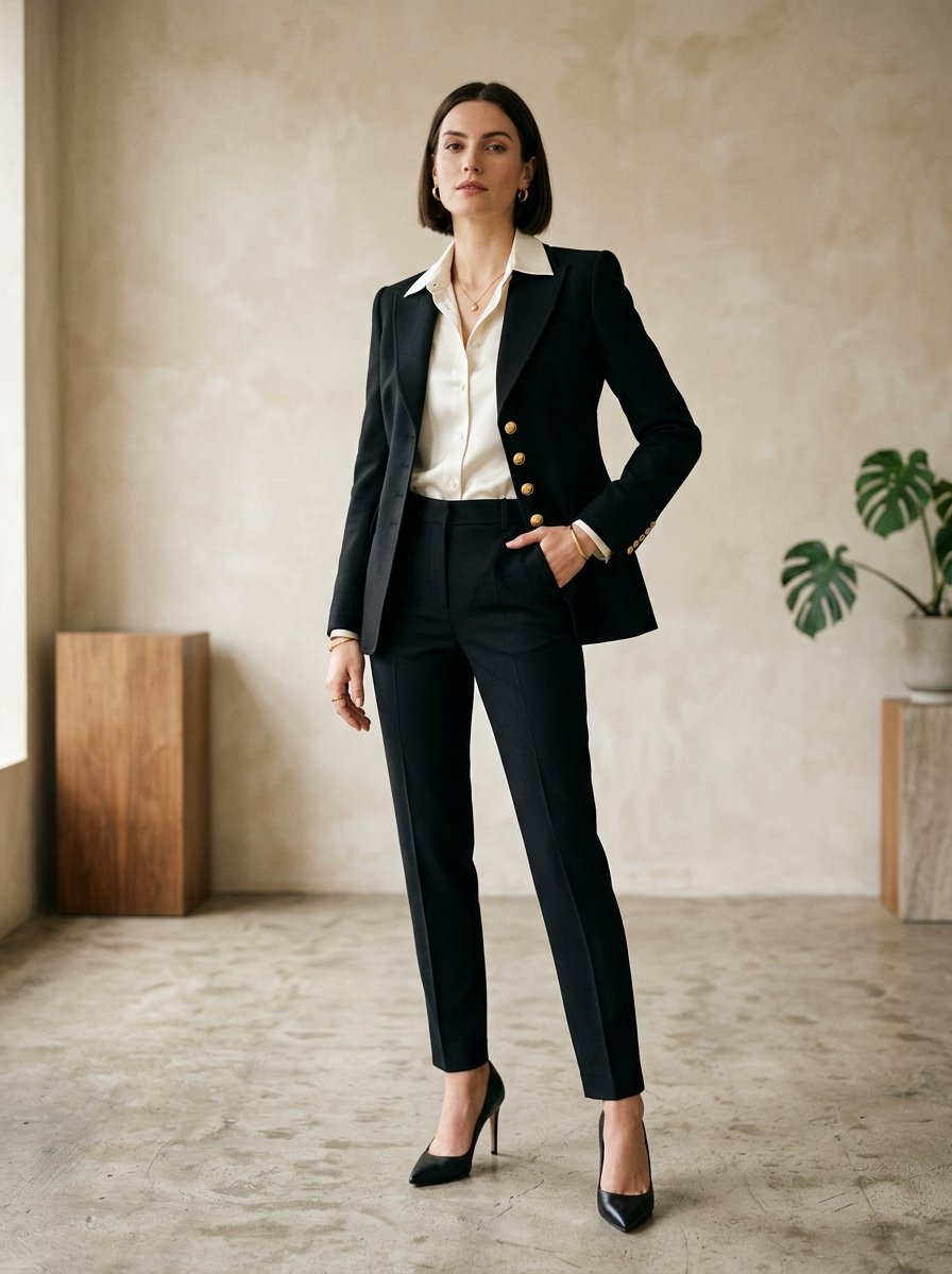 Professional woman with a short bob haircut wearing a black suit and white button-down shirt.