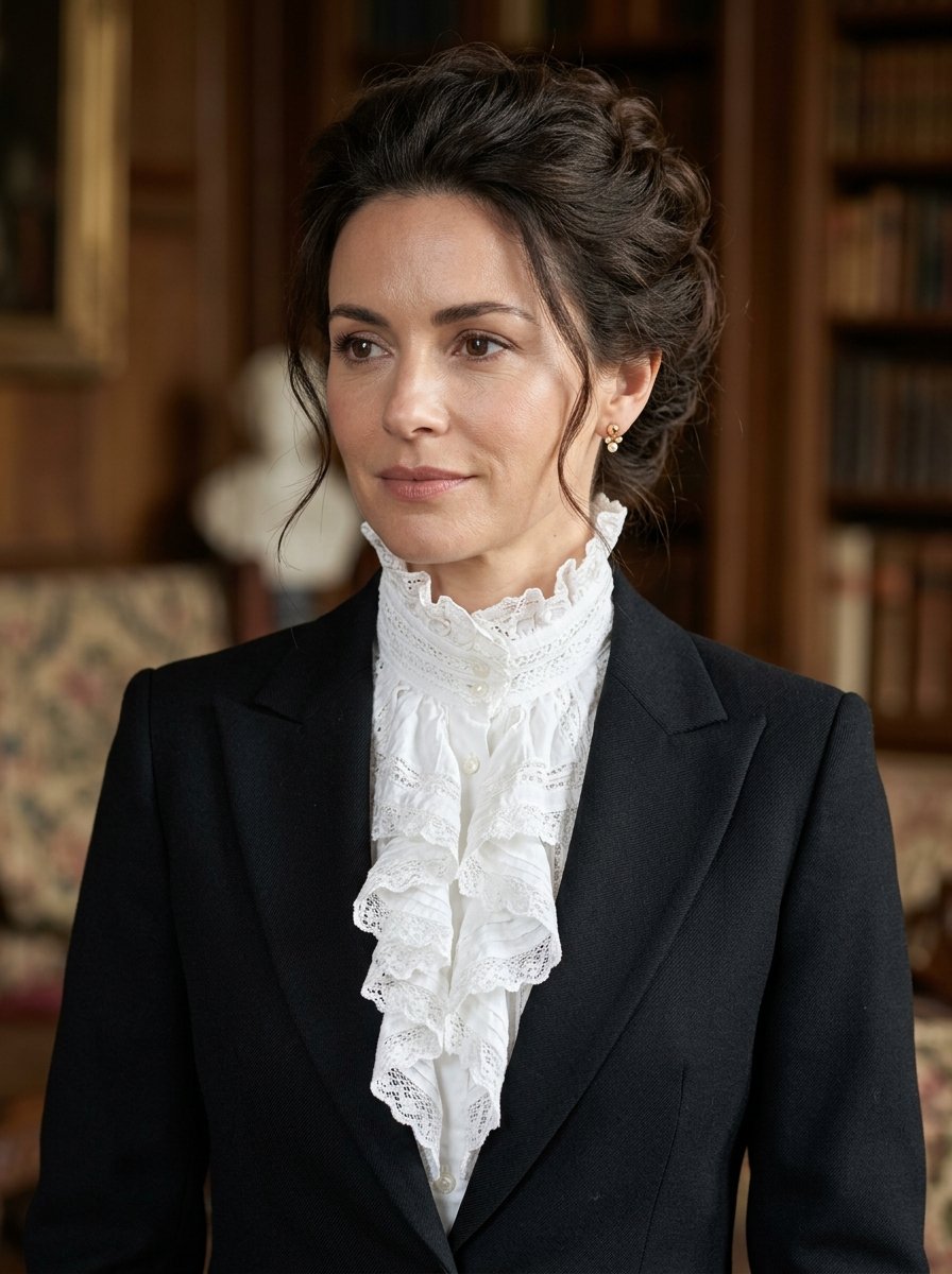 Portrait of a woman with dark hair in an updo wearing a black jacket and a high-neck white lace jabot blouse.